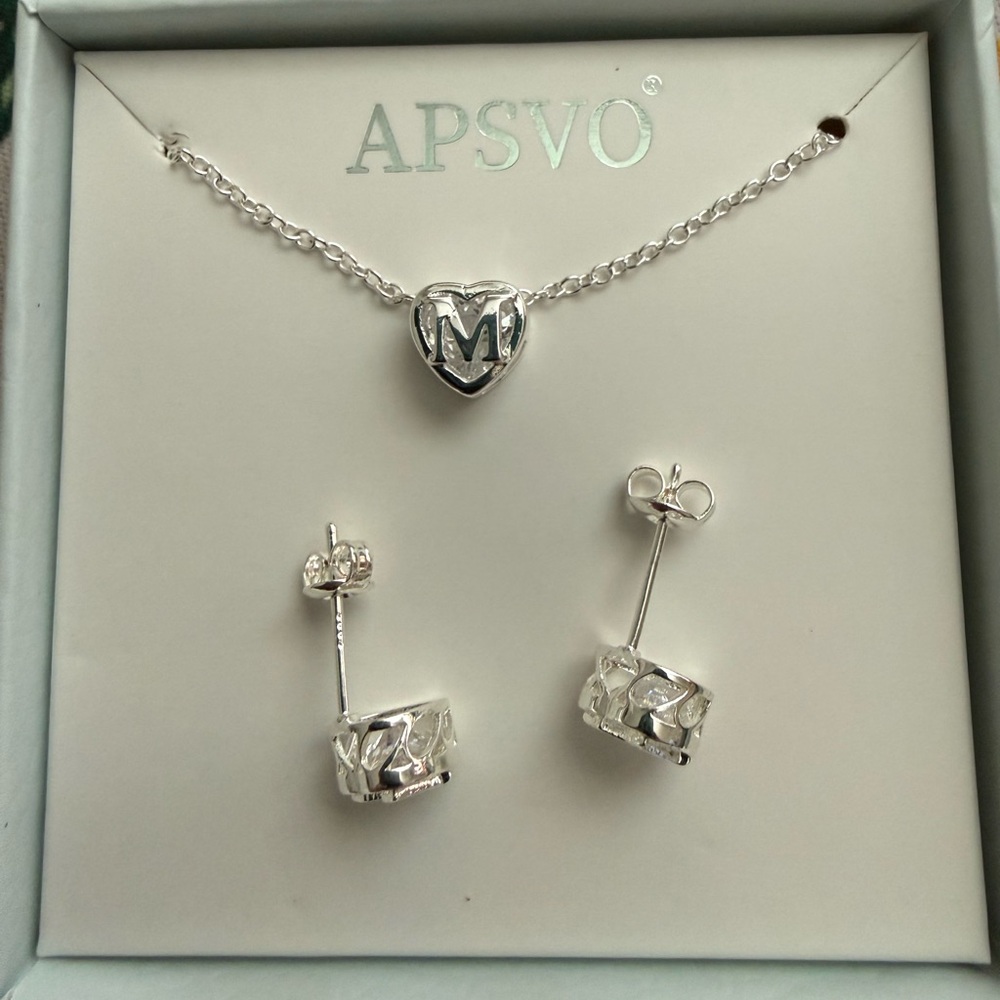 APSVO 18K White Gold Plated Heart Initial Stud Earrings and Necklace Set - M